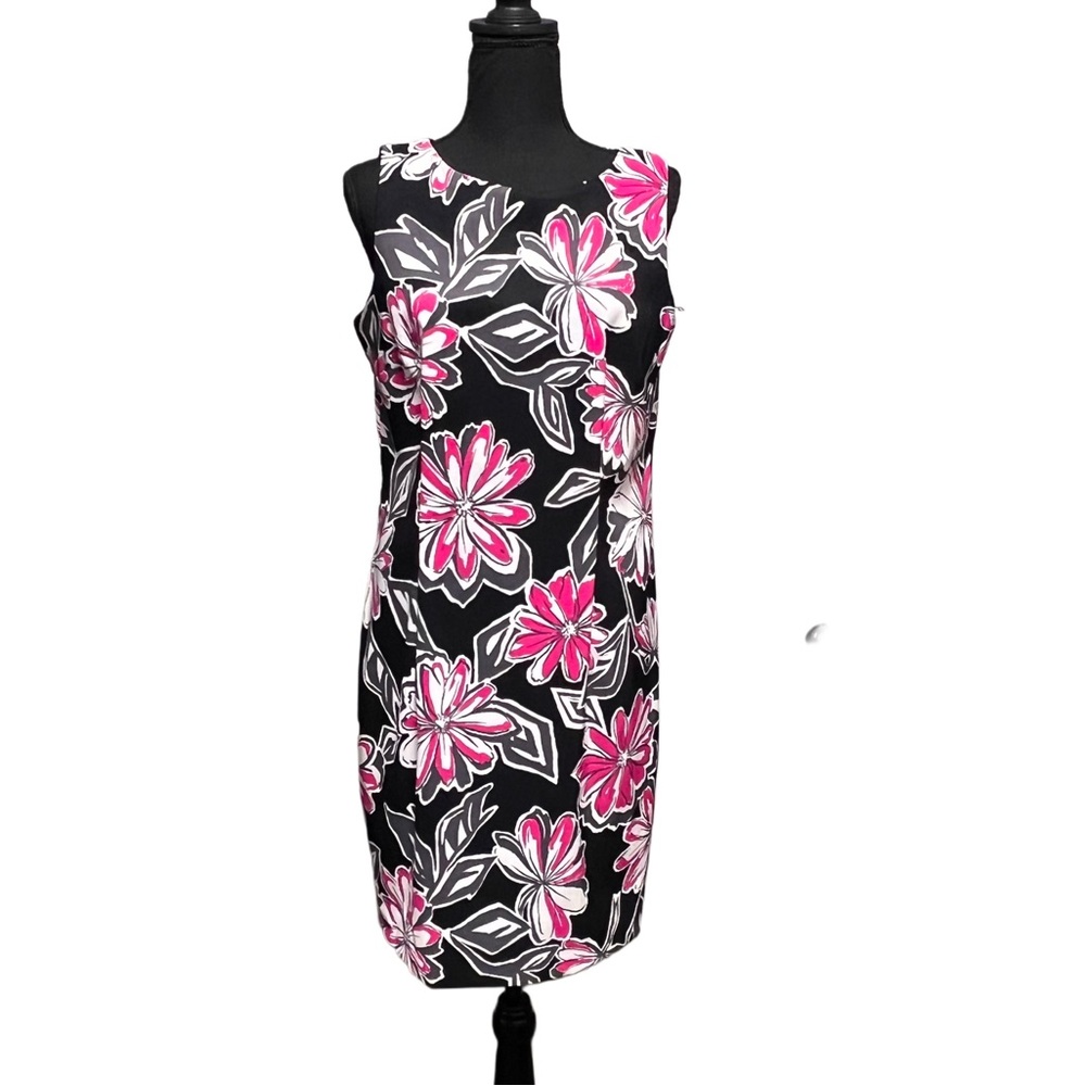Floral Sleeveless Sheath Dress Black, White and Pink Size 12